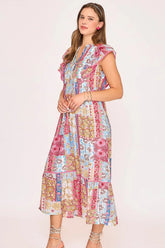 Umgee Full Size Tie Neck Double Layered Ruffle Sleeve Midi Dress Plus Size OutfitFlow